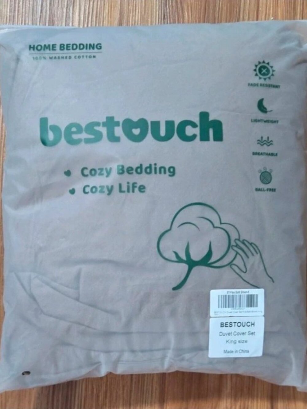 BESTOUCH King Size Duvet Cover Set 100% Washed Cotton Beige Fade Resistant